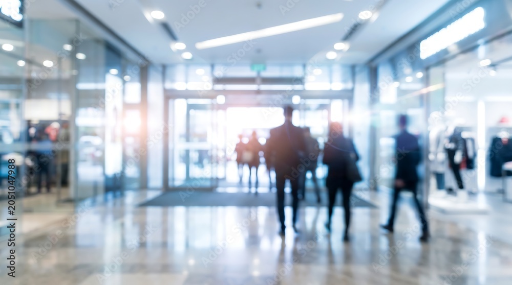 Fototapeta premium Crowd of people walking through modern shopping mall interior with blurred motion and bright sunlight through glass entrance doors creating an urban retail business atmosphere