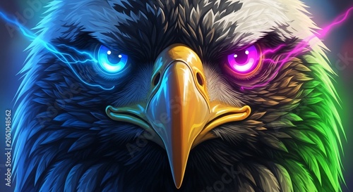 Close-up of eagle head with colorful glowing eyes