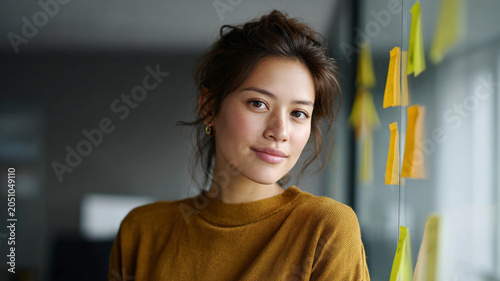 Southeast Asian woman executive office sticky note glass portrait business confident professional in mustard sweater