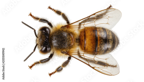 Honey bee insect with striped abdomen and wings