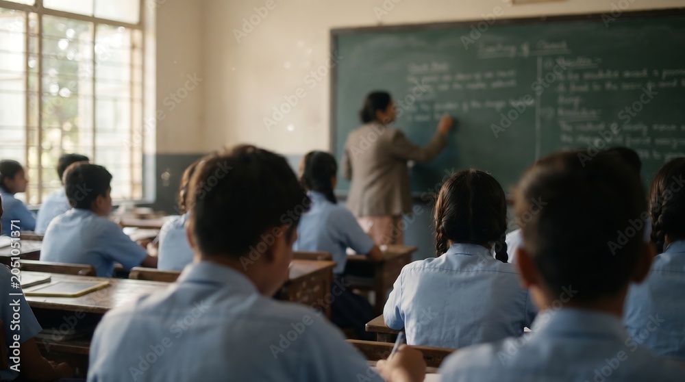 Fototapeta premium Teacher writing on green chalkboard in front of classroom of attentive students during academic lecture in school