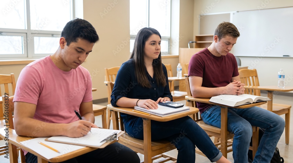 Fototapeta premium Group of students sitting at individual desks in classroom taking academic test with pens and notebooks on wooden surfaces