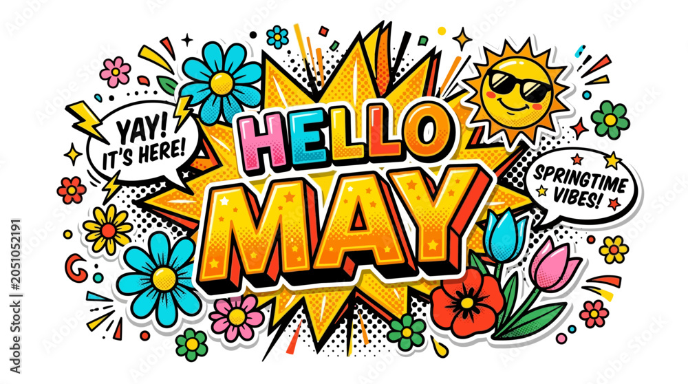Fototapeta premium Colorful Hello May Comic Text.