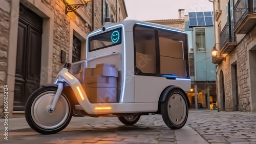 Autonomous delivery robot riding down an old cobblestone street with stone buildings during sunset