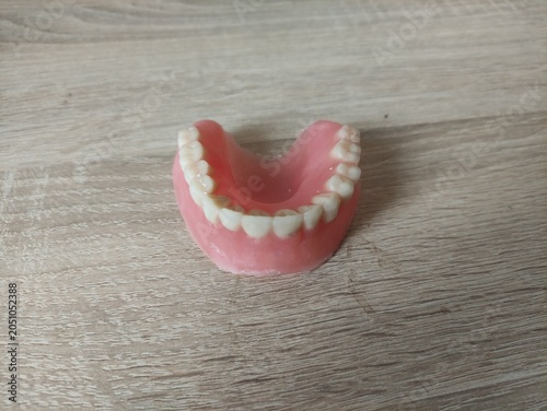 Jaw dentures on wooden table surface, close up