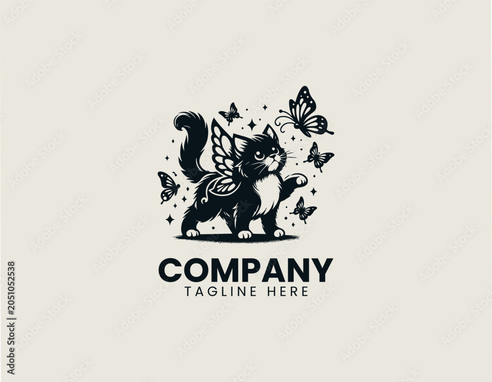 Fototapeta premium Fantasy winged kitten playing with butterflies black vector logo illustration style