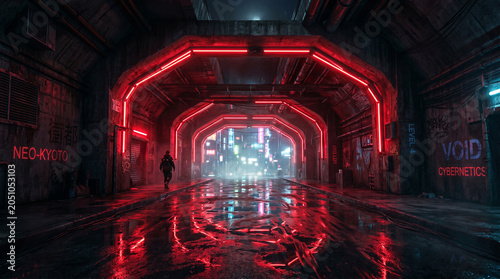 A dark alleyway with red neon lights and a person walking down the street in a futuristic cityscape at night
