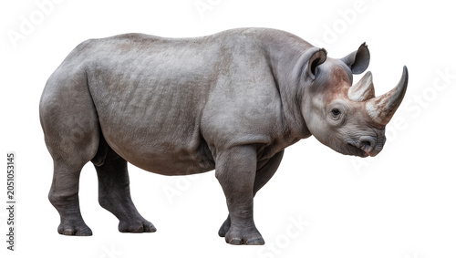 Foto Gray rhinoceros with large horn and thick skin standing