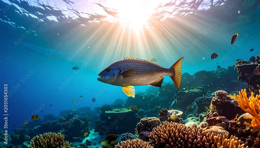 Obraz premium Underwater Scene with Fish and Coral Reef.