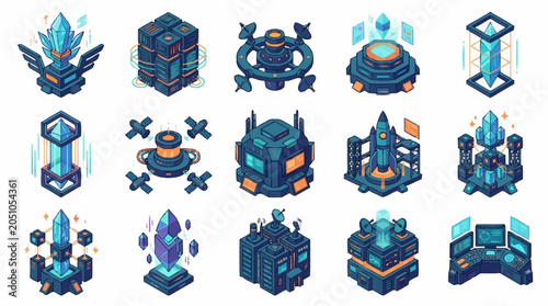 Foto Set of isometric futuristic technology and science fiction building icons for game design