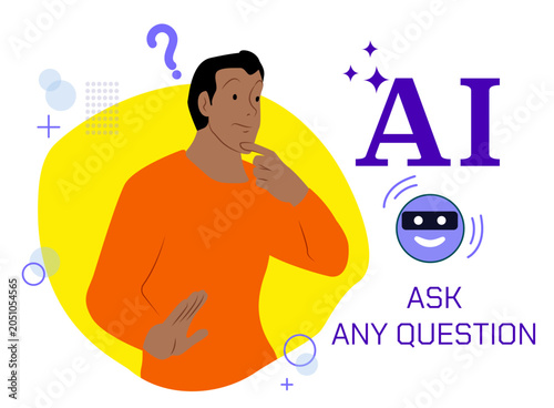 Chat bot robot speech internet. AI service mobile isolated app. Man Asks question to AI. Artificial intelligence assistance. Digital conversation. Vector
