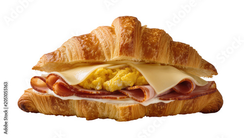 Croissant sandwich with scrambled eggs ham, and cheese