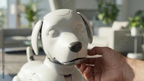 Person scratching the chin of a white robotic dog with glowing blue eyes in a bright modern living room