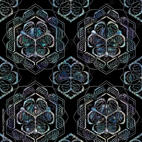 Luxury Japanese Raden Shell Inlay Seamless Pattern on Black Lacquer Background, Iridescent Abalone and Mother of Pearl Ornamental Design, Generative AI