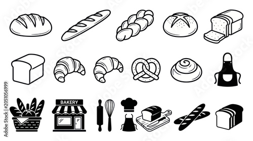 Bakery Icons: Bread, Croissant, Pretzel, Pastries, Tools, Apron, Shop
