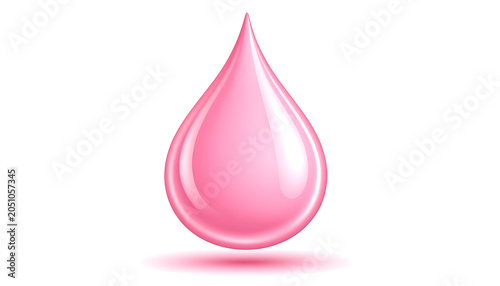 A single pink liquid drop, rendered with glossy highlights and a soft shadow, representing a fluid or cosmetic essence