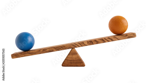 Принти на полотні Wooden seesaw with blue ball and orange fruit