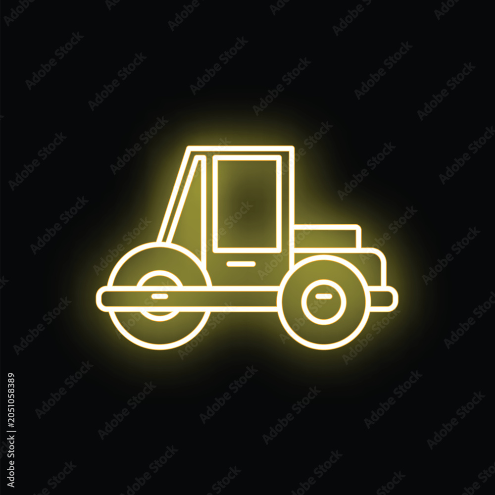 Fototapeta premium Road roller outline creating a yellow neon glow against a dark background