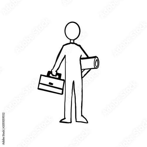 Minimalist hand-drawn black and white illustration of a business person carrying a briefcase and a rolled document while heading to work. 