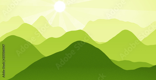 Abstract yellow green landscape with layered mountain silhouettes, landscape
