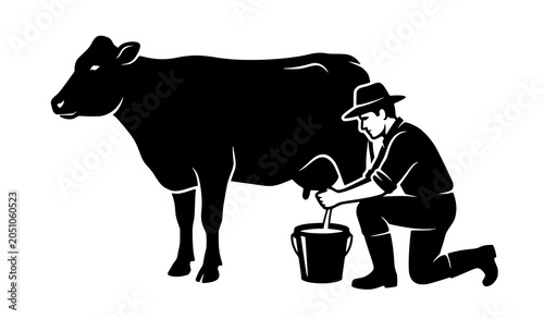 Black silhouette farmer hand milking cow into bucket rural agriculture vector illustration