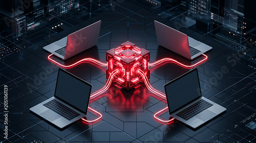 Cybersecurity Network Data Protection Concept With Glowing Red Central Server And Connected Laptops