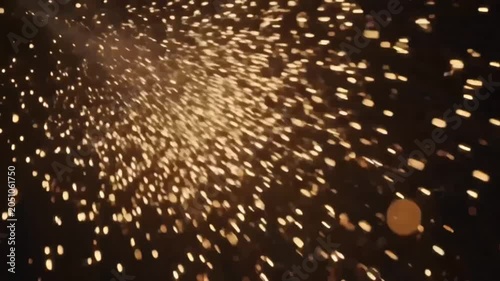 Dense Golden Sparks Fall Overlay featuring heavy shower of warm gold sparks falls diagonally through darkness like glowing metal fragments