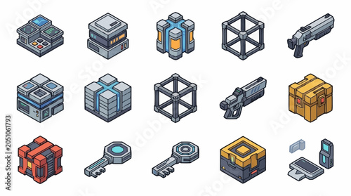 Tableau sur toile Set of isometric sci-fi game assets including crates keys weapons and futuristic technology modules