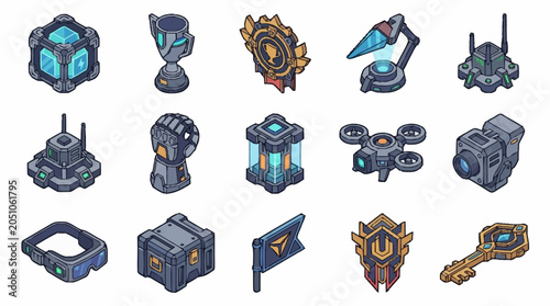 Bild auf Leinwand Set of isometric sci-fi game assets and futuristic technology icons for game development