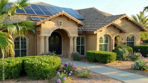 Modern Suburban House with Solar Panels on Roof and Lush Landscaping