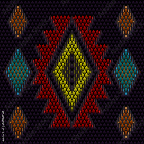 Seamless glowing beadwork pattern with tribal diamond arrow motifs in red yellow teal on dark purple black
