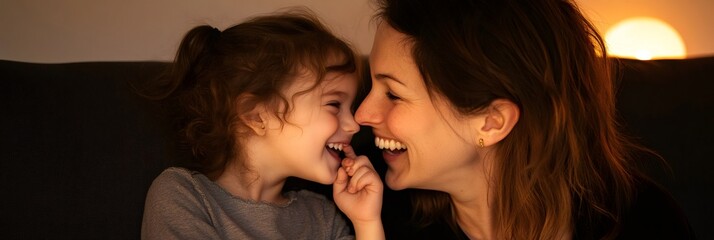 Mother and daughter are laughing and touching noses, enjoying a tender moment together on the sofa in the warm light of a lamp, celebrating mother's day with love and happiness