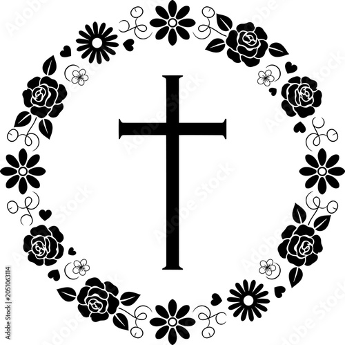 Christian Cross with Floral Rose Wreath EPS Vector Religious Faith Design