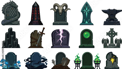 Bild auf Leinwand Dark Fantasy Gravestone Collection with Magical Tombstones Dragon Monument Runic