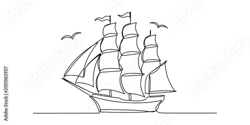 Принти на полотні Continuous line drawing of a tall ship with sails and birds in the sky