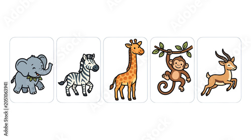 Photography Cute Cartoon Safari Animals Collection: Elephant, Zebra, Giraffe, Monkey, Antelo