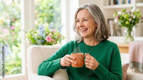 Smiling mature woman with grey hair holding a steaming mug. Happy senior widow in a green sweater sitting in an armchair at home. Hope and healing concept