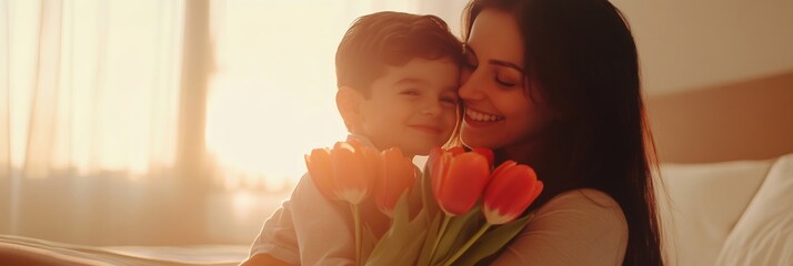 Young child is giving a bouquet of tulips to his smiling mother in a brightly lit bedroom, celebrating mother's day with love and affection
