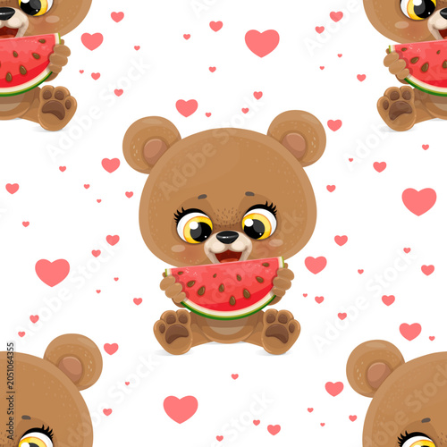 Cute cartoon baby bear sitting on the floor and eating watermelon isolated on white background