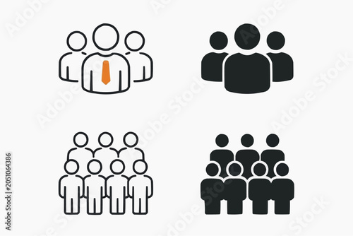 Business team and community icons set in line and silhouette style