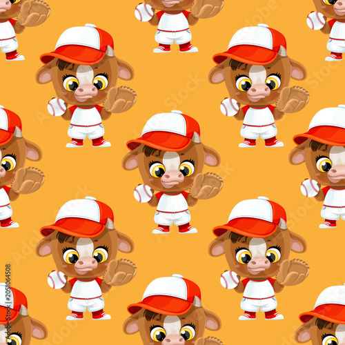 Seamless pattern with cute cartoon baby calf in baseball uniform with ball and glove on orange background