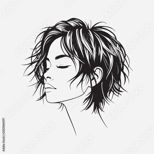 Side View Vector Illustration of a Beautiful Young Woman with a Messy Shag Haircut and Spiky Pixie Hairstyle Isolated on White Background.