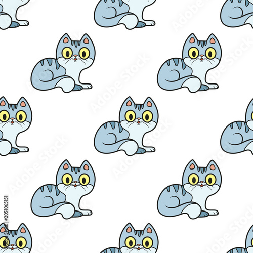 Seamless pattern with cute cartoon grey cat on white background
