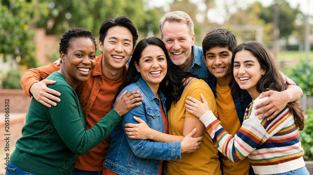 Fototapeta premium Diverse group of happy people hugging outdoors. Multicultural community standing together in support