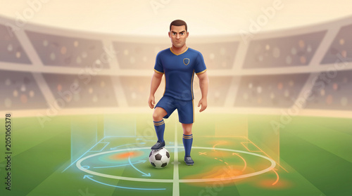 Football midfielder character ready for competition on the playing field.