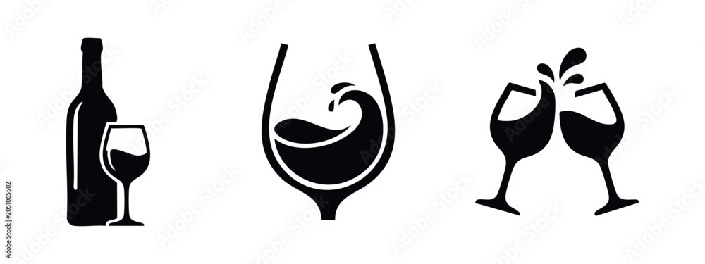 Obraz premium Wine Bottle and Glasses Icons. Set of pictograms for wine serving and toasting.