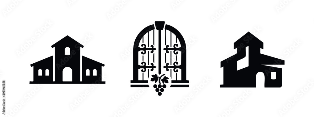 Fototapeta premium Winery and Vineyard Icons. Set of pictograms for buildings and a gate with grapes.