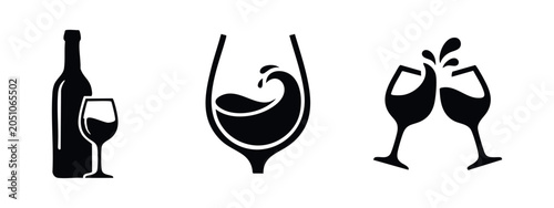 Wine Bottle and Glasses Icons. Set of pictograms for wine serving and toasting.