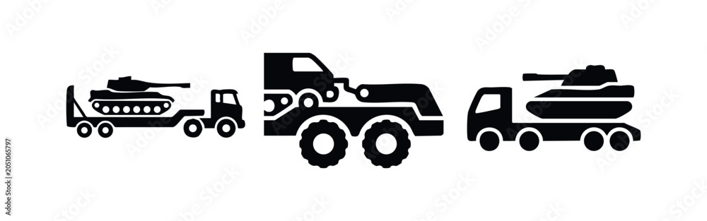 Fototapeta premium Military transport truck with tank icons set. Army vehicle and heavy cargo.