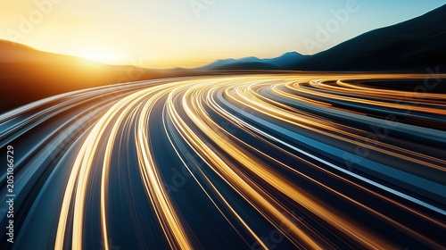 Surreal digital art isolated on white background, wide-angle view of light trails crossing desert hills, curved road lines and smooth mountain contours, speed motion blur, soft lighting and clear blue